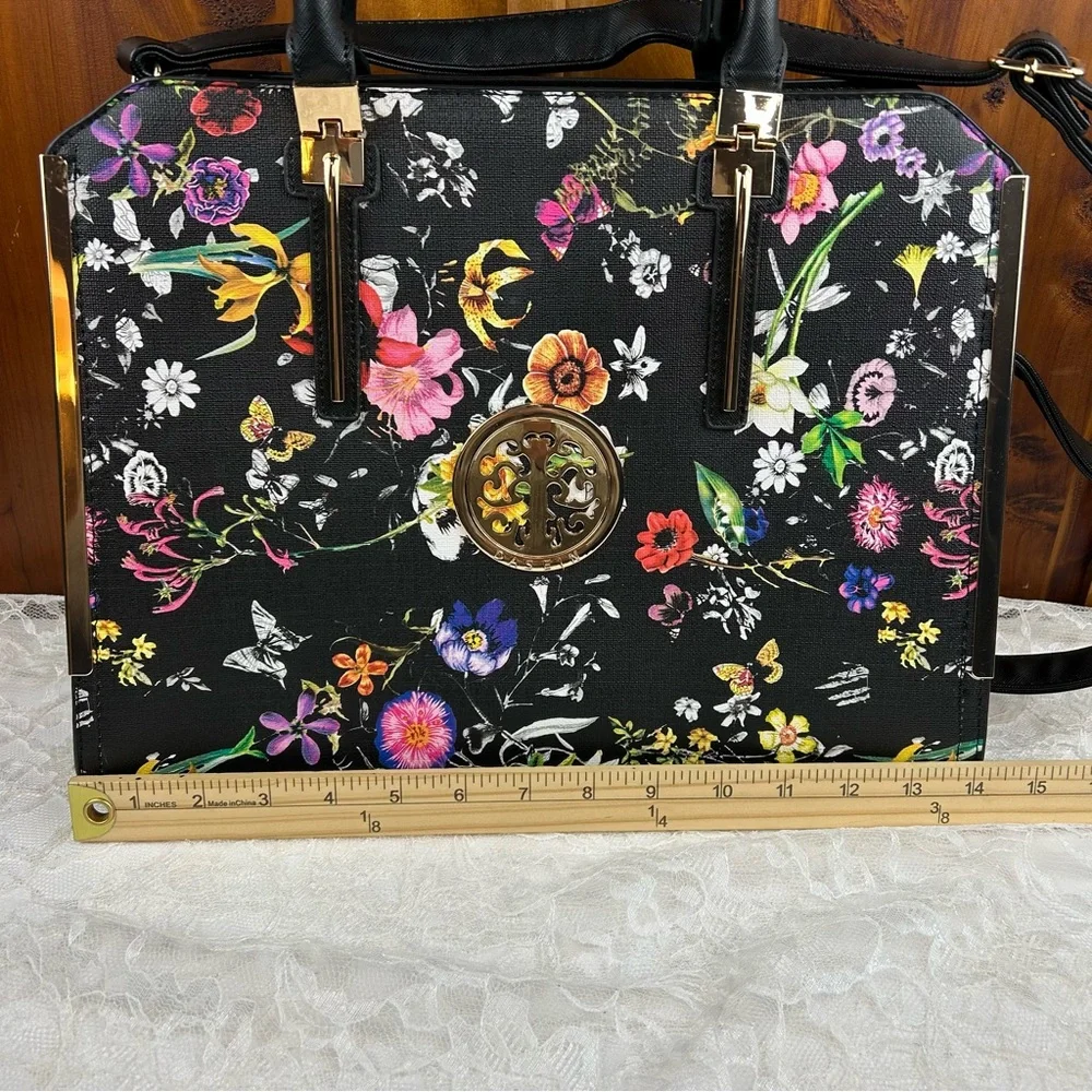DASEIN Large Vegan Leather Floral Black Flower Satchel Handbag Shoulder Tote
